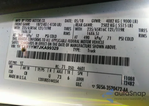 2018 Ford Transit-250 z USA, uszkodzony, nr VIN 1FTYR1YM7JKA99329